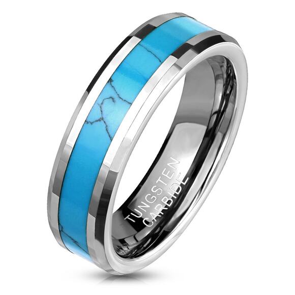 Turquoise Inlay Center Beveled Edges Tungsten Carbide Ring 6mm width size 9 - Picture 2 of 2